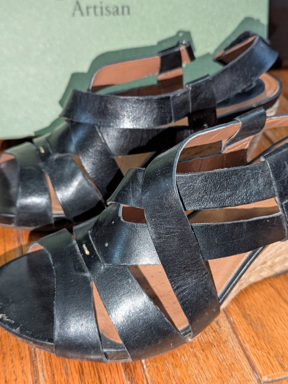 Clarks Artisan Black Leather Wedge Sandals Size 7.5